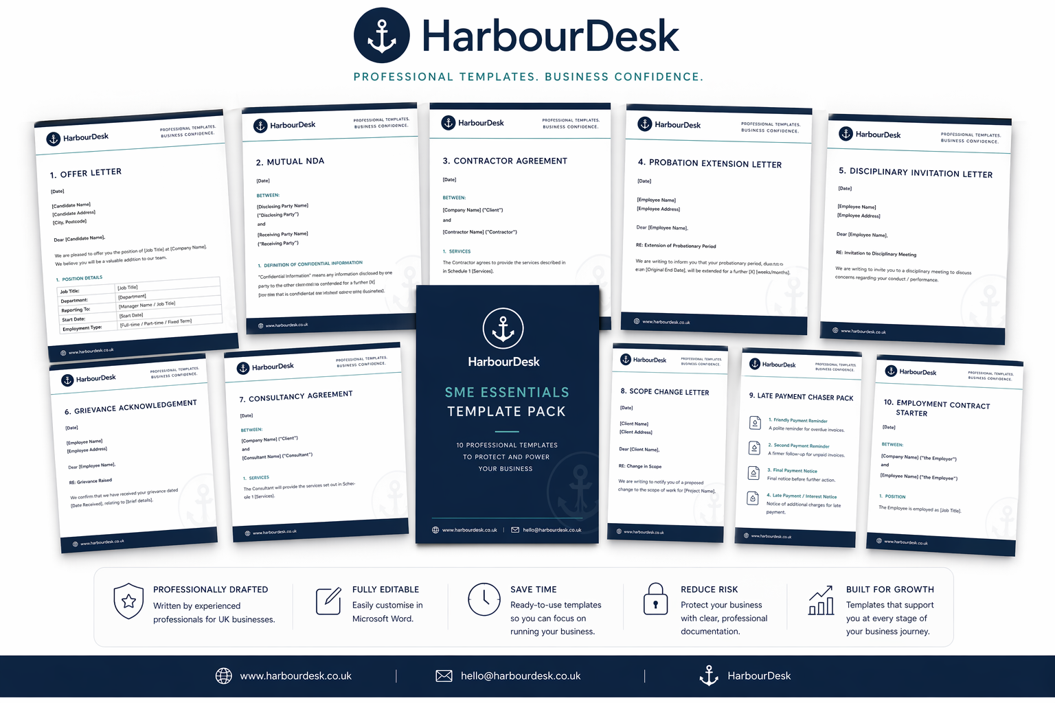 Preview of HarbourDesk SME Essentials template pack showing 10 professionally drafted documents